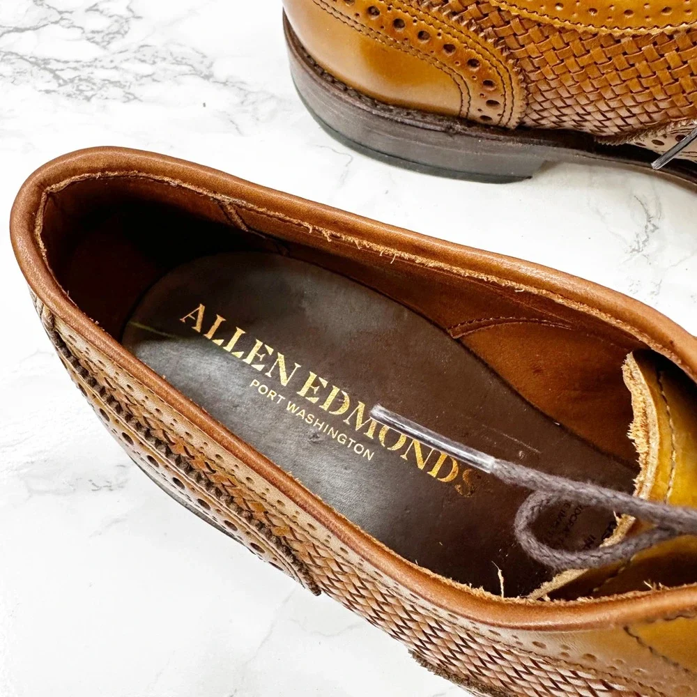 Allen Edmonds Strandmok Woven Tan Walnut Brown Leather Wingtip Oxford Mens 9.5E - Picture 5 of 7